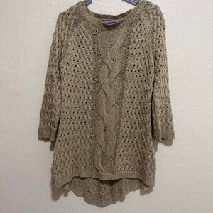 Womens Tan Cable Knit Open Weave 3/4 Sleeve Sweater Top‎ M